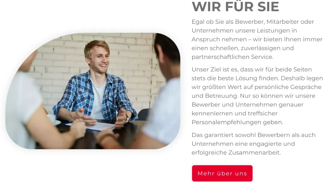 Ausschnitt der Website von Personal-Service Westermann GmbH, Hamburg: Überschrift und drei Absätze erklären Ziel, Vorgehen und Betreuung — wer sucht, versteht das Angebot sofort und klickt gezielt weiter.