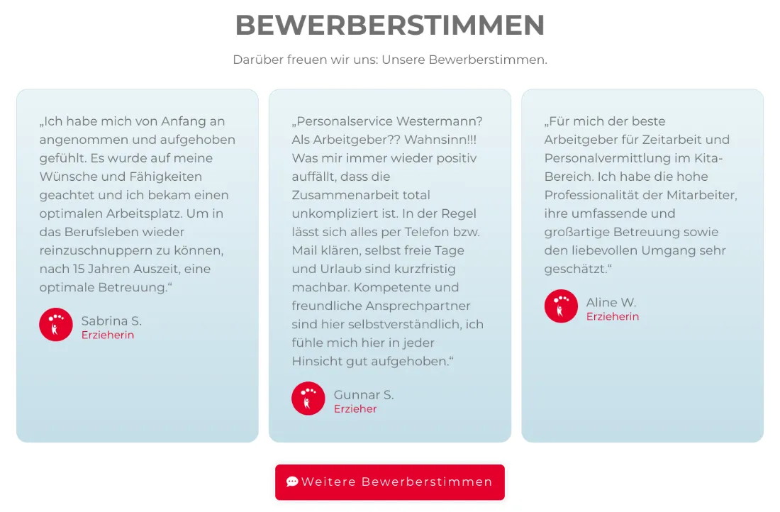 Ausschnitt der Website von Personal-Service Westermann GmbH, Hamburg: Drei Zitate mit Namen und Berufsangabe plus Button für mehr — wer prüft, bekommt belegte Erfahrungen und kann tiefer einsteigen.
