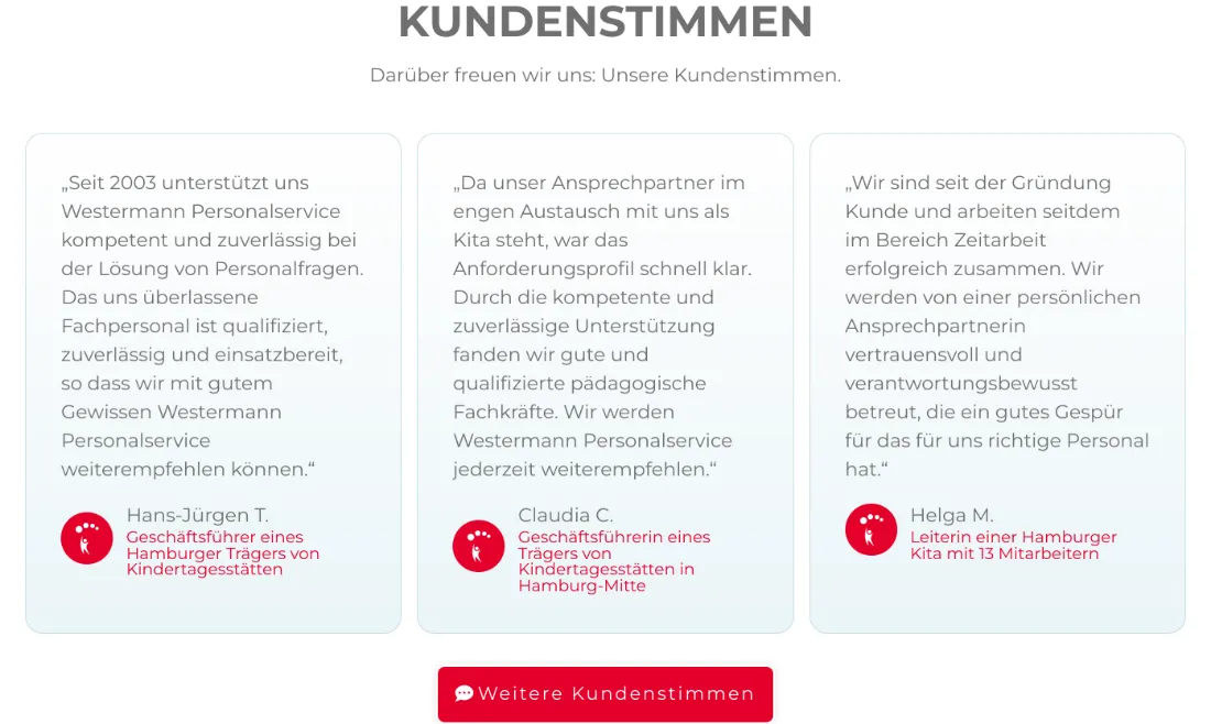 Ausschnitt der Website von Personal-Service Westermann GmbH, Hamburg: Drei Kundenstimmen nennen konkrete Daten wie 2003 und 13 Mitarbeiter — wer vergleicht, sieht belegte Erfahrung statt leerer Floskeln.