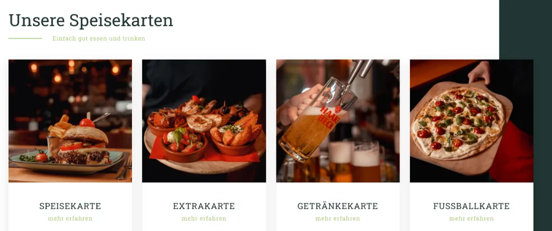 Ausschnitt der Website von N&H Wirtshaus GbR, Bremen: Vier Kacheln trennen Speise-, Extra-, Getränke- und Fußballkarte — wer sucht, findet die passende Karte ohne Umwege.