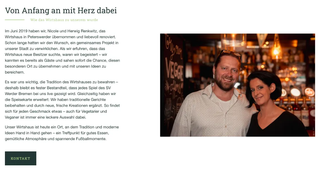 Ausschnitt der Website von N&H Wirtshaus GbR, Bremen: Gründerstory mit Datum Juni 2019 neben einem Foto — wer neu ist, versteht Herkunft und Konzept des Hauses ohne Scrollen.
