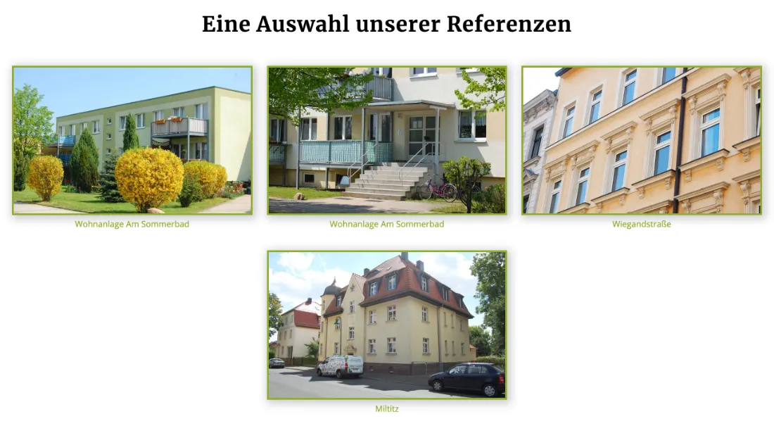 Ausschnitt der Website von Linden Hausverwaltung, Leipzig: Vier klar bezeichnete Referenzen — der Besucher erkennt Bandbreite von Altbau bis Wohnanlage und kann die Objekte nachprüfen.