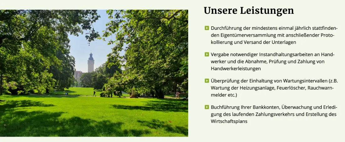Ausschnitt der Website von Linden Hausverwaltung, Leipzig: Vier klar gegliederte Punkte mit Beispielen und der Angabe mindestens jährlich — der Besucher weiß konkret, was erledigt wird.