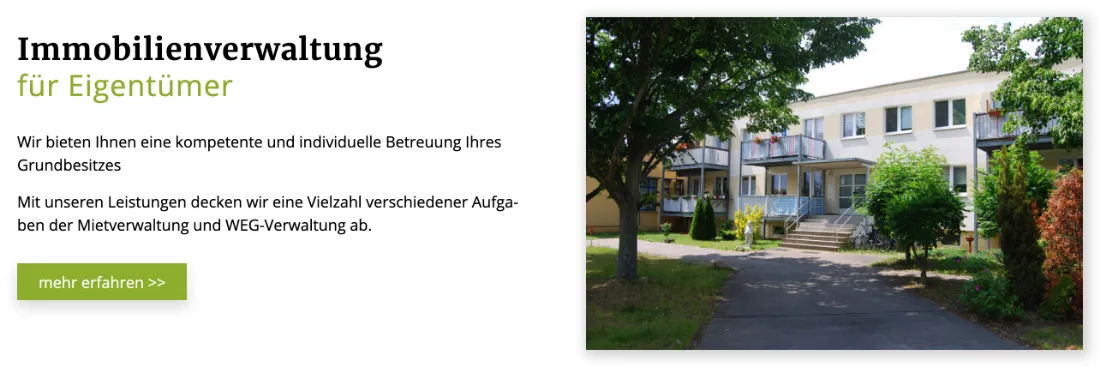 Ausschnitt der Website von Linden Hausverwaltung, Leipzig: Die Zielgruppe steht in der Überschrift — wer sucht, erkennt sofort, ob es passt und findet per grünem Button den nächsten Schritt.