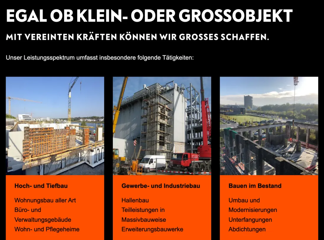 Ausschnitt der Website von Wulff Bau GmbH & Co. KG, Dortmund: Drei klar betitelte Spalten mit Listen zeigen Hoch‑/Tiefbau, Industrie und Bestand — wer sucht, erkennt sofort den passenden Bereich.