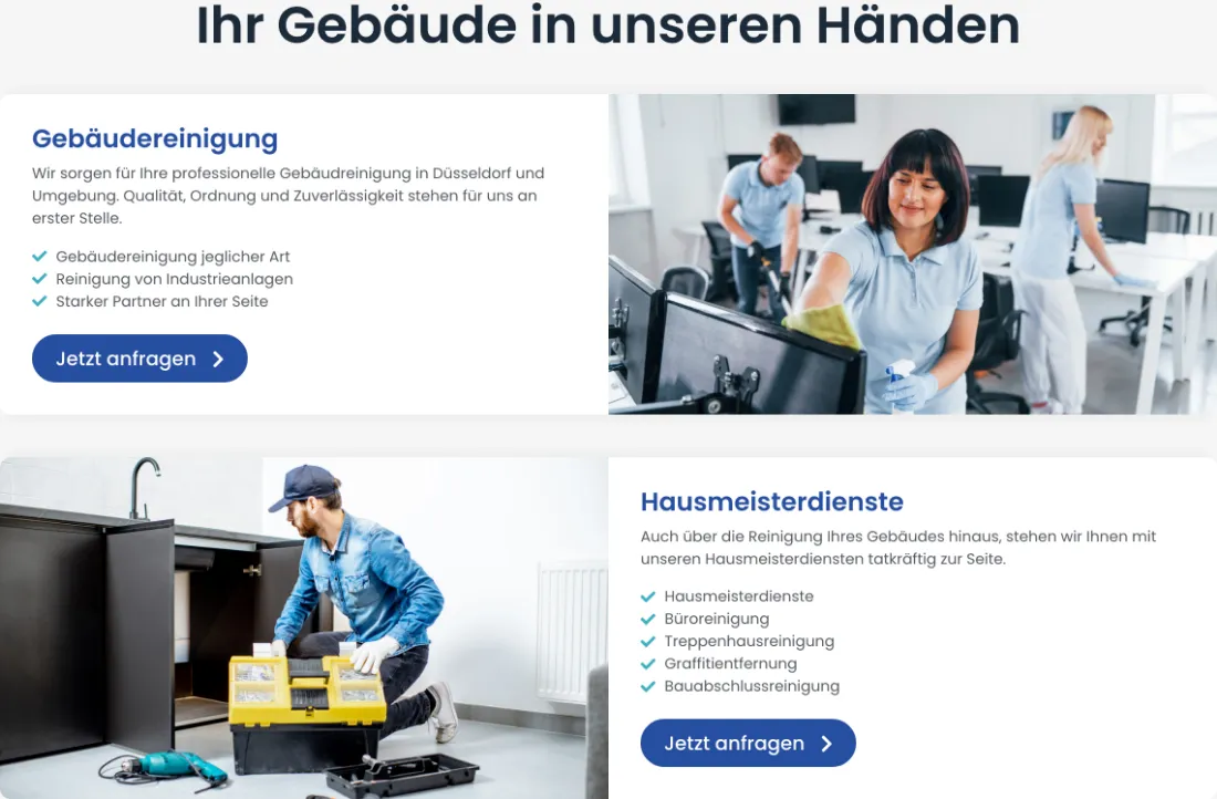 Ausschnitt der Website von Brunnental Gebäudereinigung, Düsseldorf: Zwei klar getrennte Bereiche mit 3 und 5 Leistungen plus Button — wer sucht, findet den richtigen Einstieg ohne Umwege.