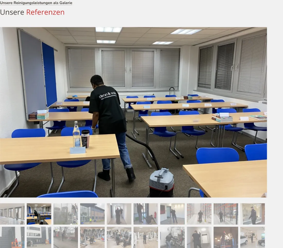 Ausschnitt der Website von clean & safe Gebäudereinigung, Kreis Segeberg: Überschrift 'Unsere Referenzen' plus Galerie mit vielen Einsatzfotos — wer sucht, erkennt echte Arbeiten ohne Werbetexte.