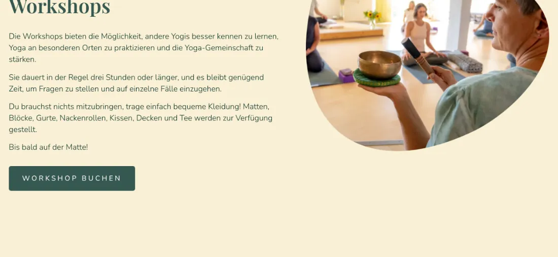 Ausschnitt der Website von Yoga-Atelier Bonn, Bonn: Dauer und Ausstattung präzise erklärt — wer plan﻿t, weiß: ab drei Stunden, Matten & Tee gestellt, ein Button führt direkt zur Buchung.