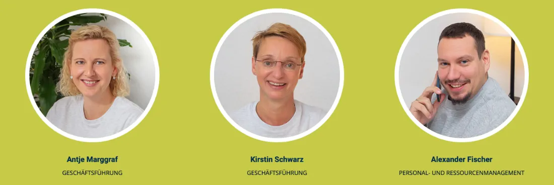 Ausschnitt der Website von Zahlenblick, Berlin: Drei Köpfe mit Funktionsangaben direkt darunter — wer sucht, erkennt sofort Zuständigkeiten und findet den passenden Ansprechpartner.