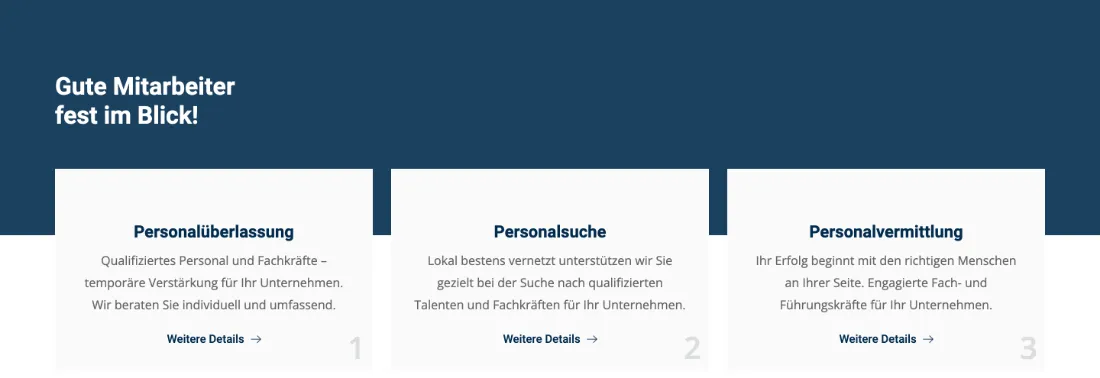 Ausschnitt der Website von Zahlenblick, Berlin: Drei Leistungen nebeneinander mit Kurztext und „Weitere Details“ — der Besucher wählt schnell den passenden Einstieg statt zu suchen.