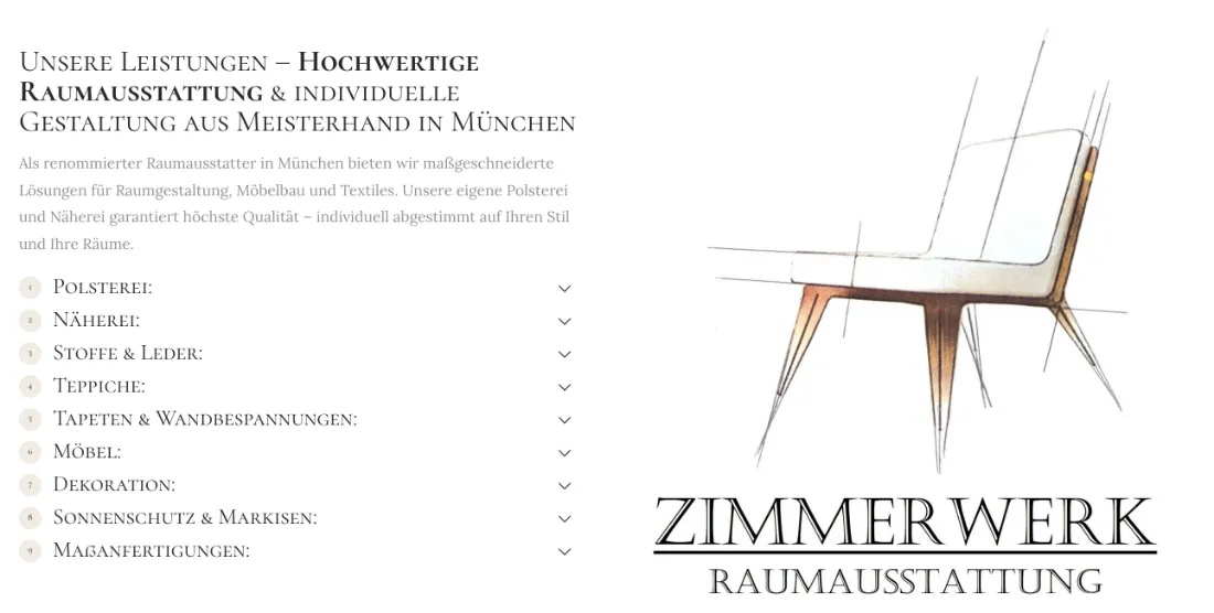 Ausschnitt der Website von ZIMMERWERK Raumausstattung, München: Neun Leistungsbereiche mit klaren Stichworten — wer sucht, findet schnell den passenden Einstieg ohne langes Lesen.
