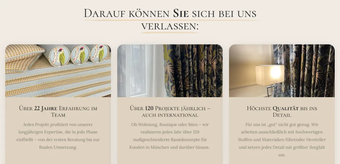 Ausschnitt der Website von ZIMMERWERK Raumausstattung, München: 22 Jahre Team-Erfahrung und 120 Projekte pro Jahr werden genannt — der Besucher kann Umfang und Routine einschätzen, nicht nur glauben.