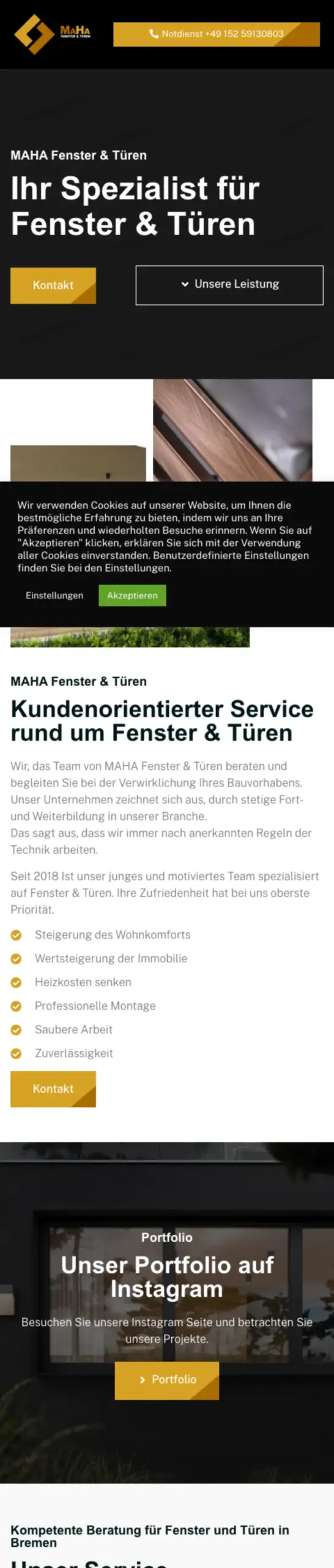 Website von MaHa Fenster und Türen, Bremen in der Mobilansicht