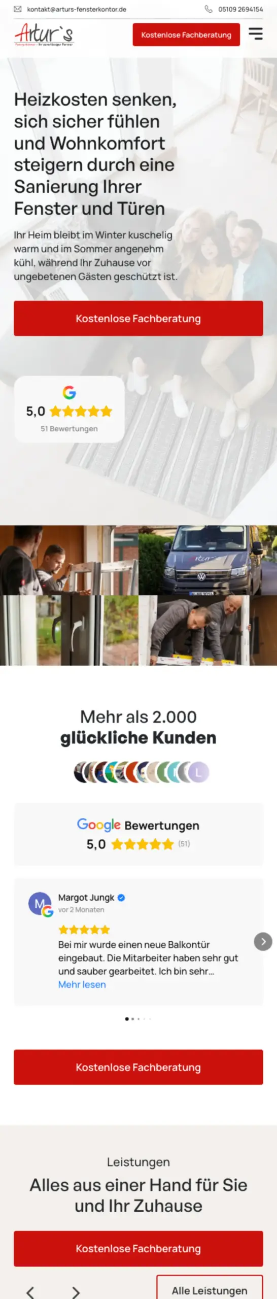 Website von Artur’s Fensterkontor, Hannover in der Mobilansicht
