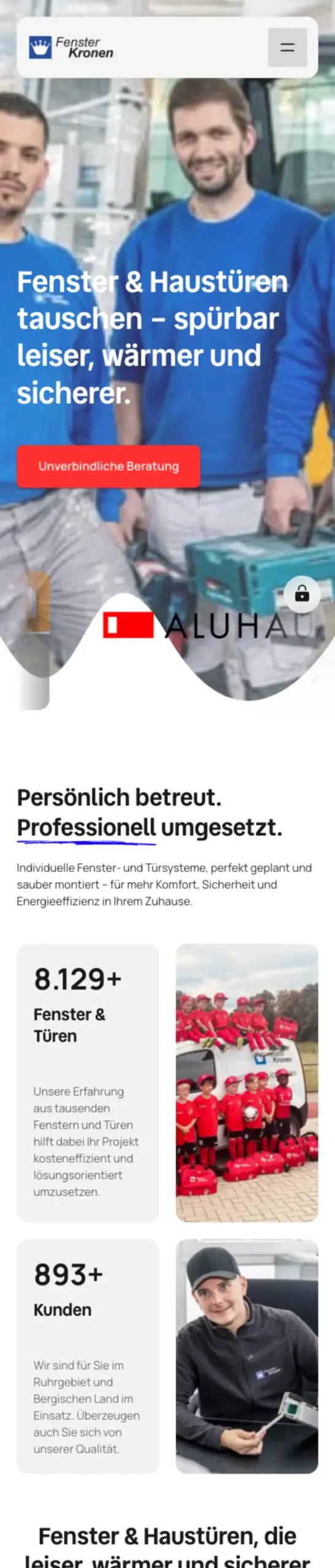 Website von Fenster Kronen, Kreis Mettmann in der Mobilansicht