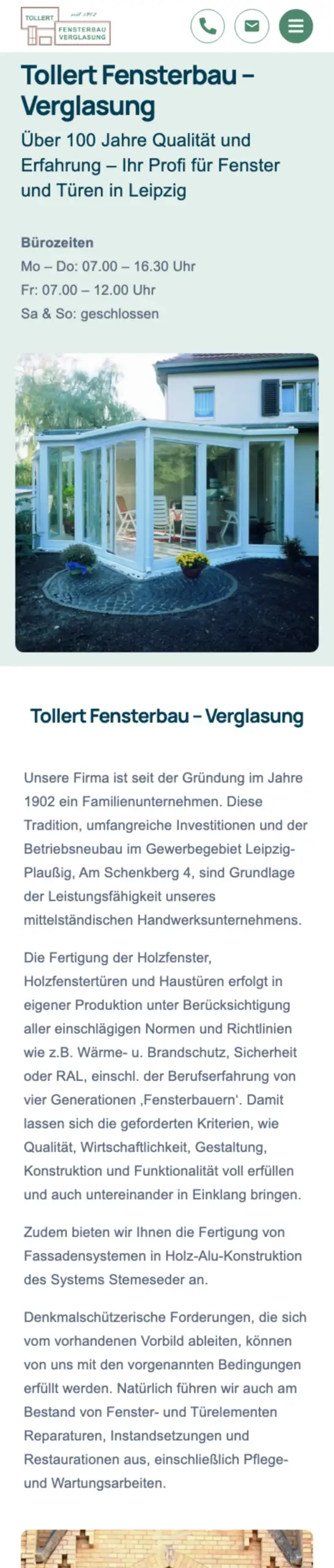Website von Fensterbau Tollert, Leipzig in der Mobilansicht