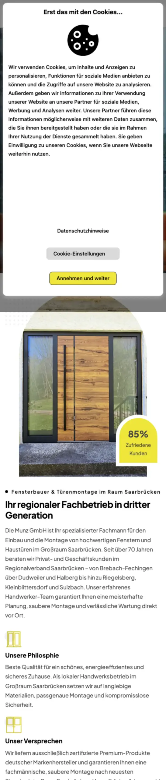 Website von MUNZ Fenster & Türen, Saarbrücken in der Mobilansicht