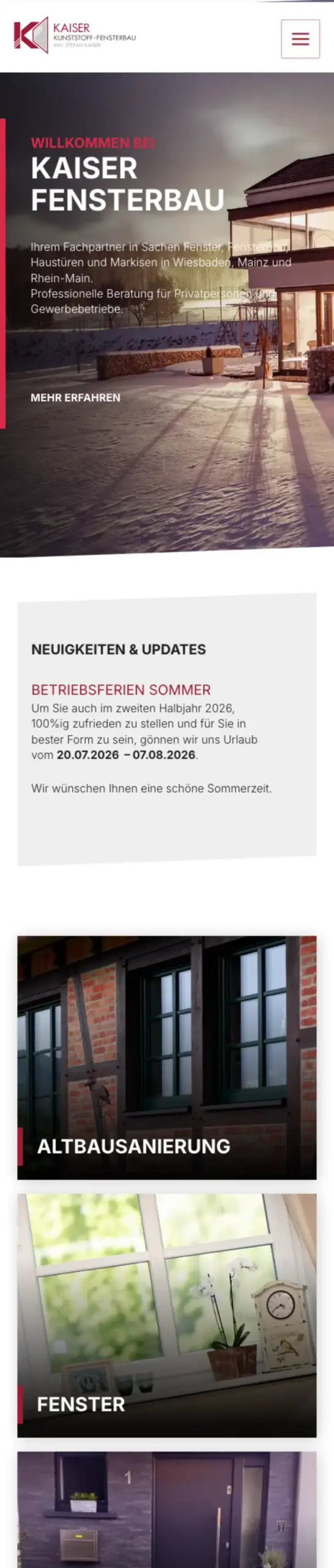 Website von Kaiser Kunststoff-Fensterbau, Wiesbaden in der Mobilansicht