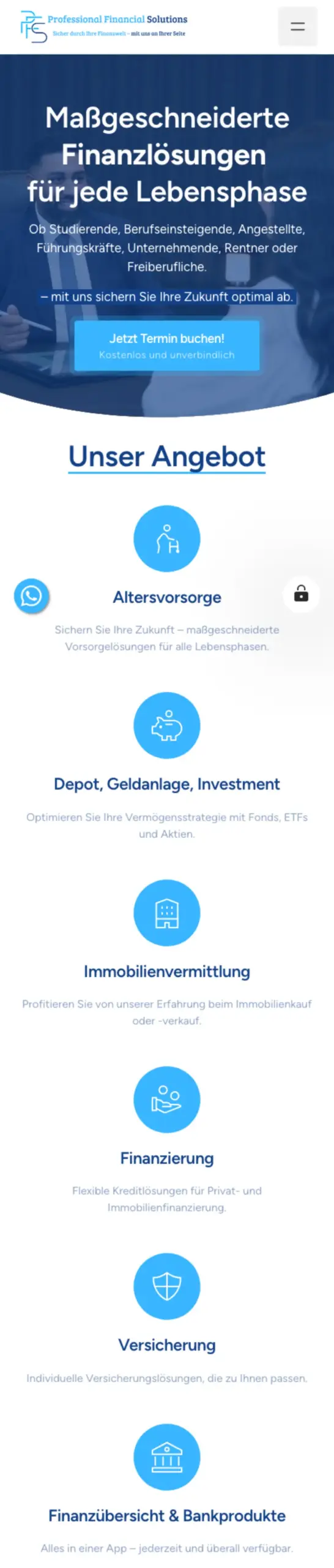 Website von PFS Professional Financial Solutions, Rhein-Sieg-Kreis in der Mobilansicht
