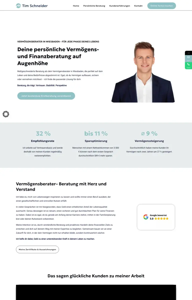 Startseite der Website von Finanzberatung Tim Schneider aus Wiesbaden in der Desktop-Ansicht