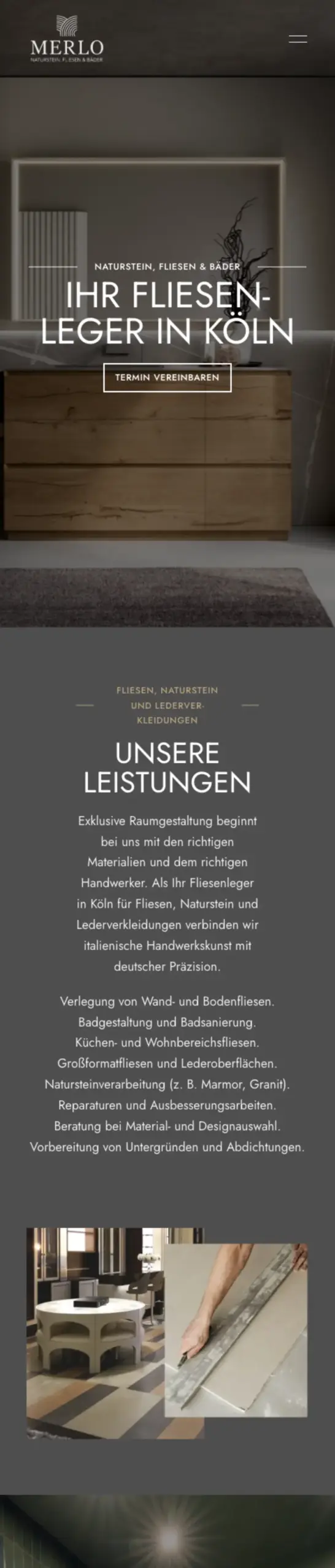 Website von Merlo Naturstein, Fliesen & Bäder, Köln in der Mobilansicht