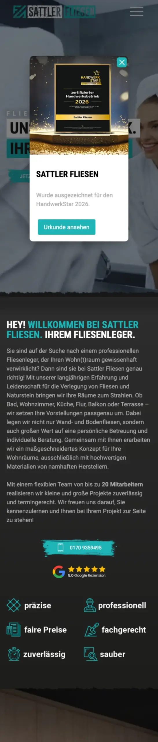 Website von Sattler Fliesen, Landkreis Greiz in der Mobilansicht