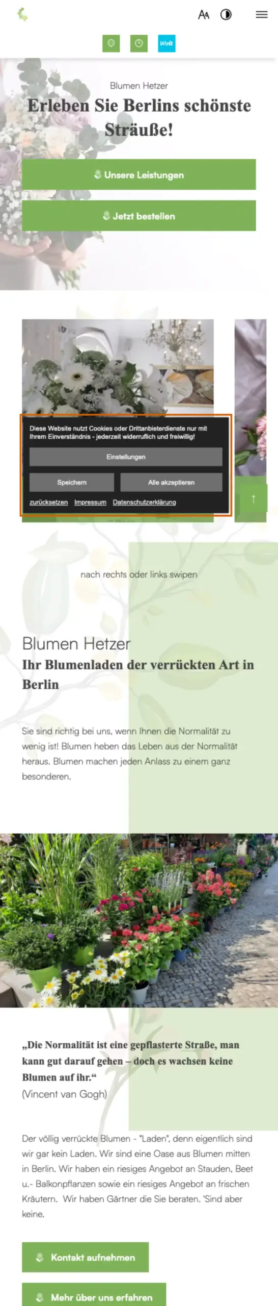 Website von Blumen Hetzer, Berlin in der Mobilansicht