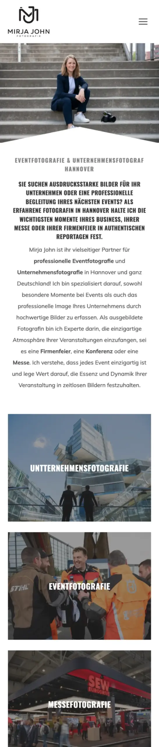 Website von Mirja John Fotografie, Hannover in der Mobilansicht