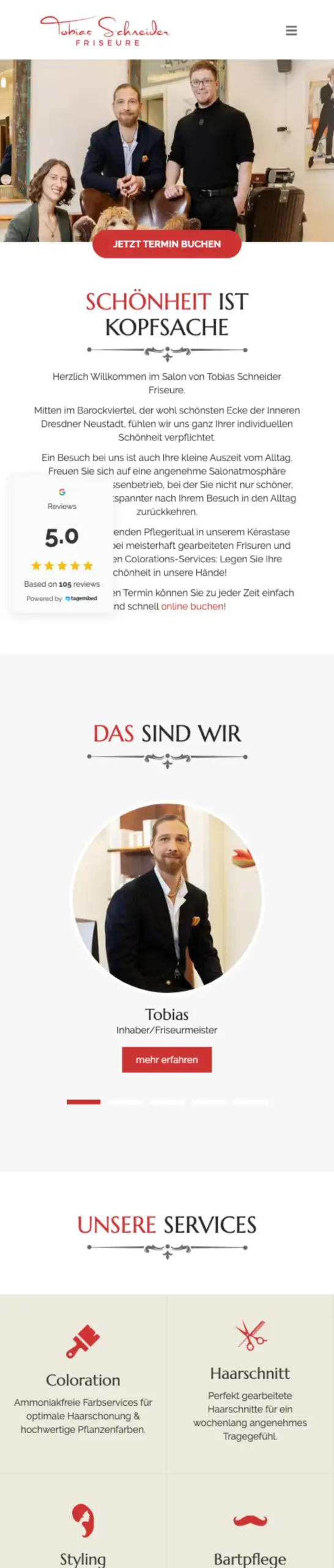 Website von Tobias Schneider Friseure, Dresden in der Mobilansicht