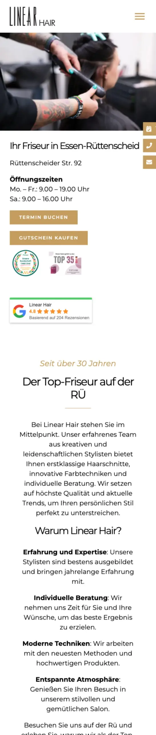 Website von Linear Hair Dröge GmbH, Essen in der Mobilansicht