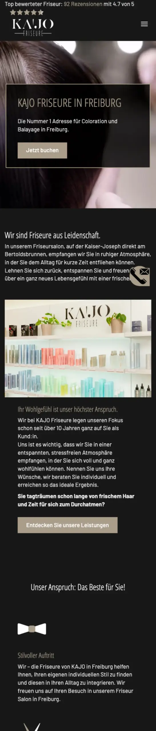 Website von KAJO Friseure, Freiburg im Breisgau in der Mobilansicht