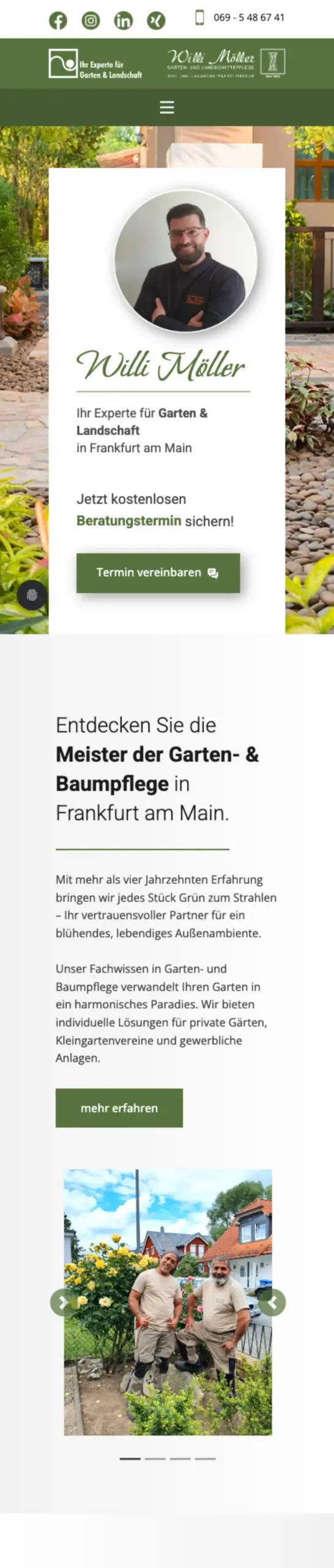Website von Garten- & Landschaftspflege Willi Möller, Frankfurt am Main in der Mobilansicht