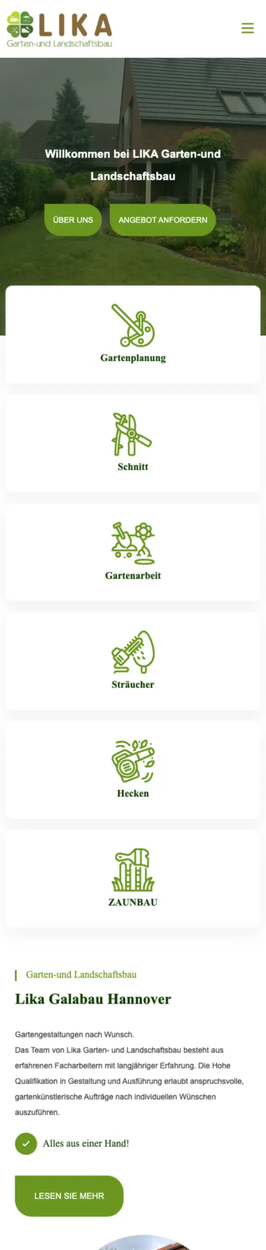 Website von LIKA Galabau, Region Hannover in der Mobilansicht