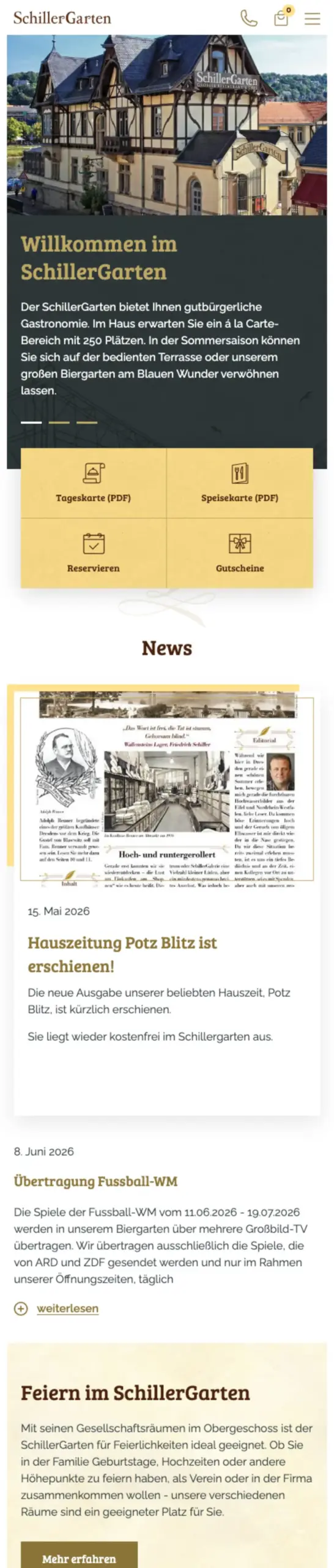 Website von SchillerGarten, Dresden in der Mobilansicht