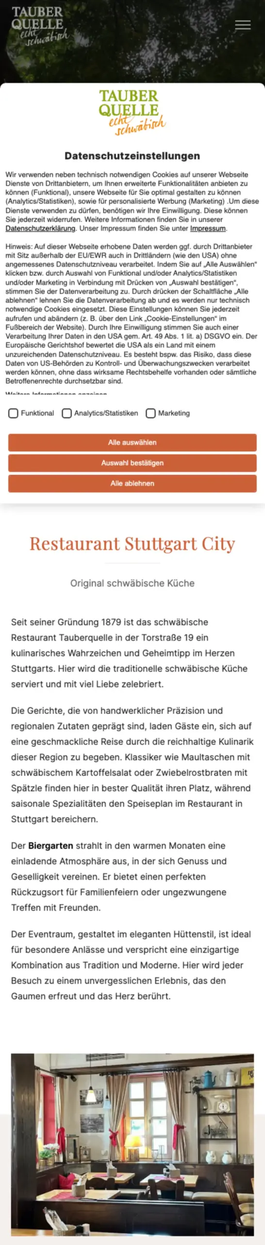Website von Restaurant Tauberquelle, Stuttgart in der Mobilansicht