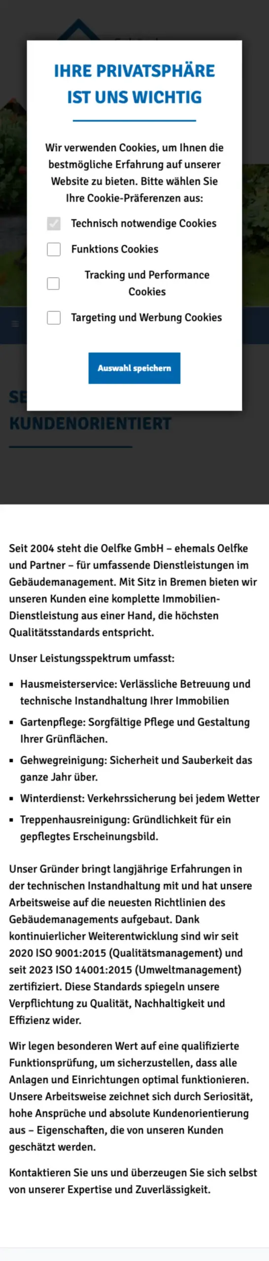 Website von Oelfke GmbH, Bremen in der Mobilansicht