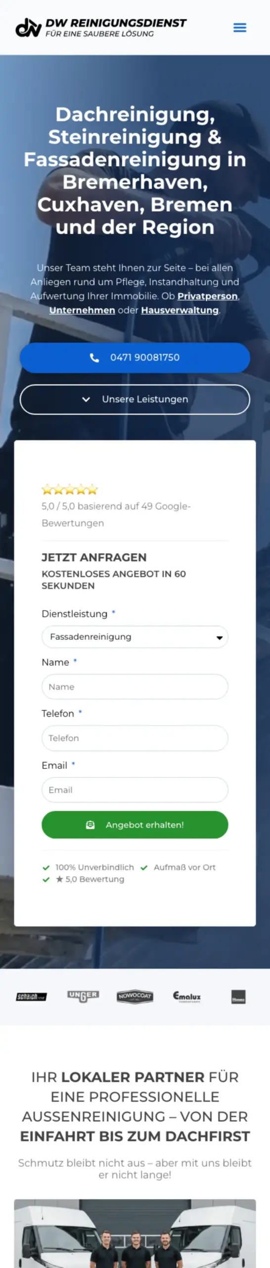 Website von DW Reinigungsdienst | Dachreinigung, Dachbeschichtung & Fassadenreinigung Bremerhaven, Bremerhaven in der Mobilansicht