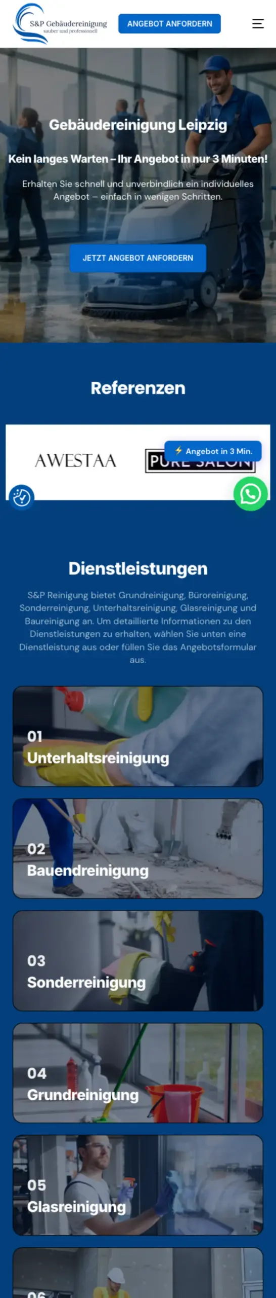 Website von S&P Gebäudereinigung, Leipzig in der Mobilansicht