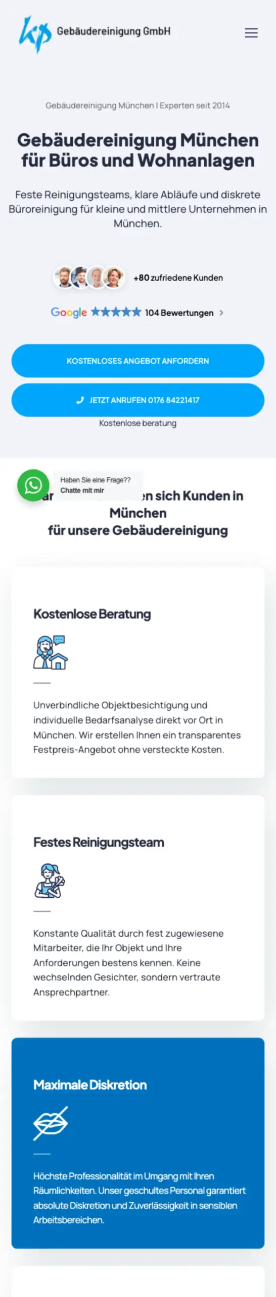 Website von KP Gebäudereinigung, München in der Mobilansicht