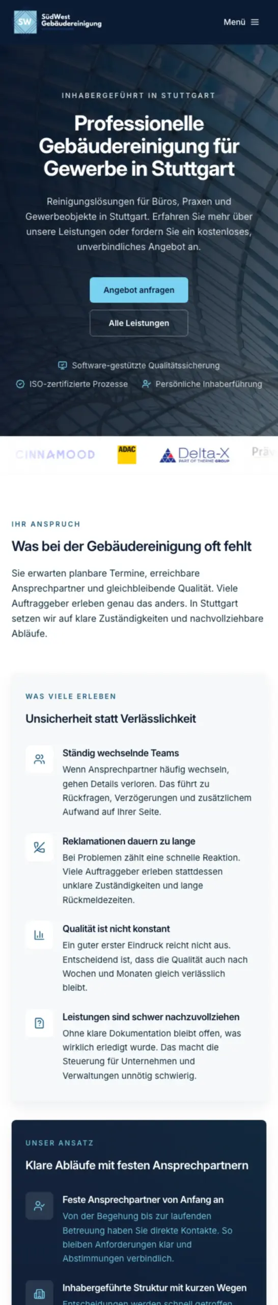 Website von SüdWest Gebäudereinigung, Stuttgart in der Mobilansicht