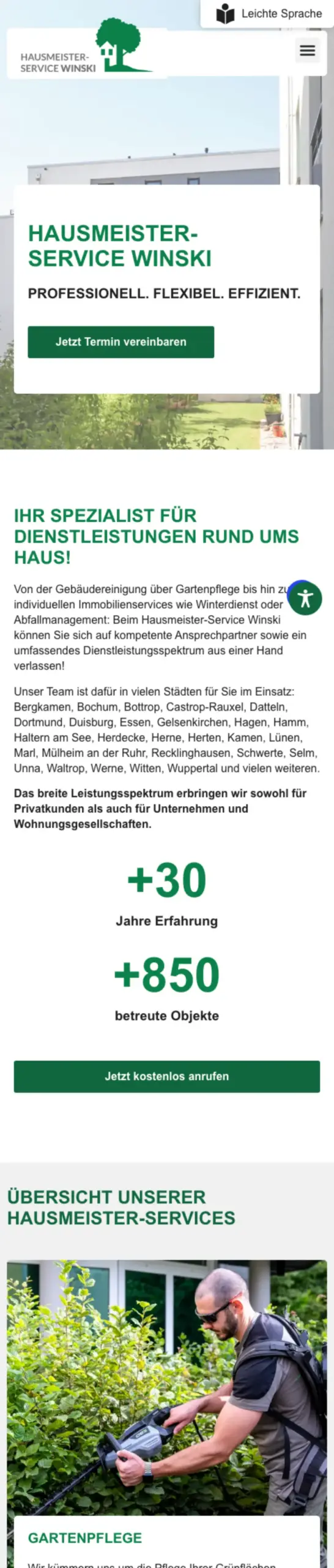 Website von Hausmeisterservice Winski GmbH i.G., Dortmund in der Mobilansicht