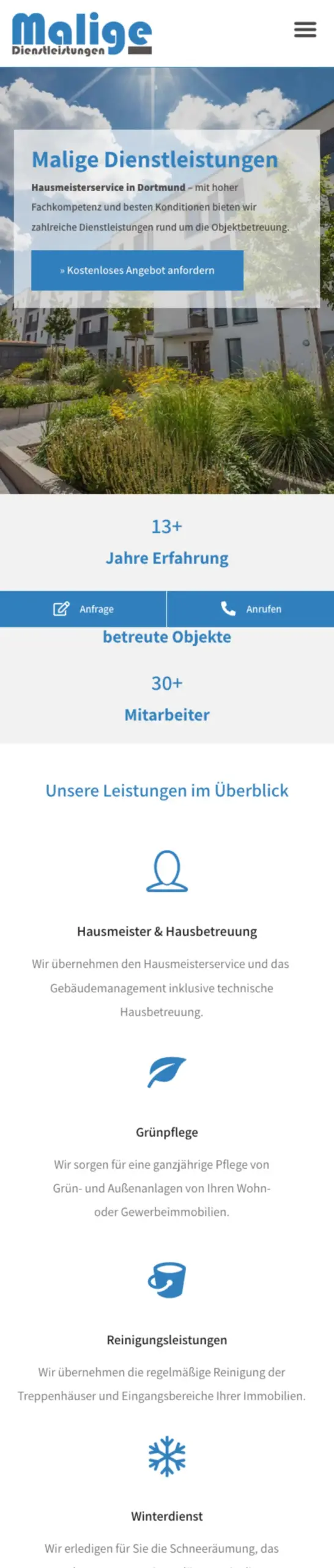 Website von Malige Dienstleistungen, Dortmund in der Mobilansicht