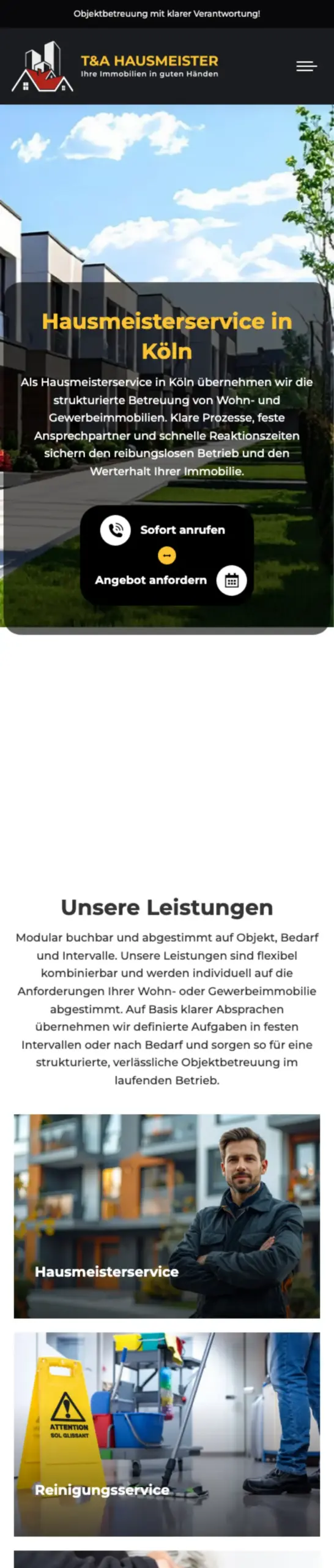 Website von T&A Hausmeister, Köln in der Mobilansicht