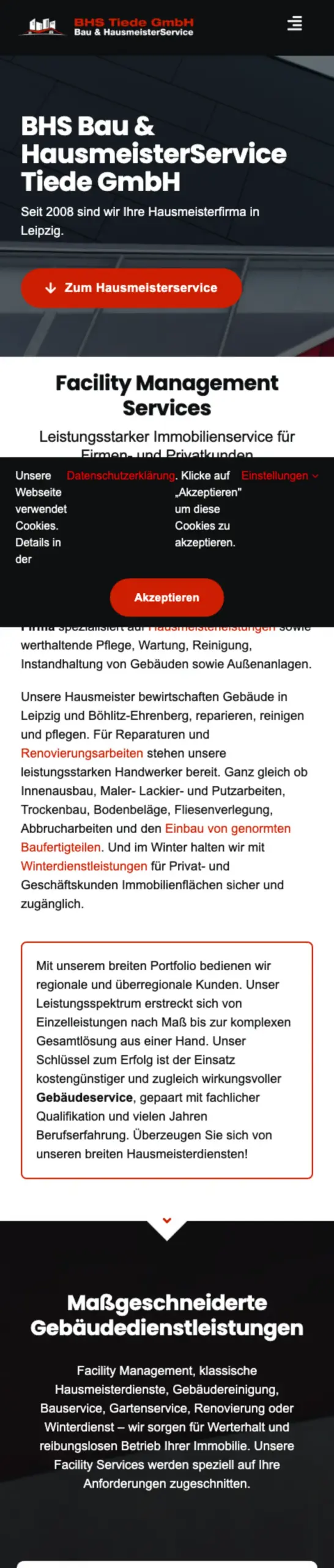 Website von BHS Bau- und Hausmeisterservice Tiede GmbH, Leipzig in der Mobilansicht