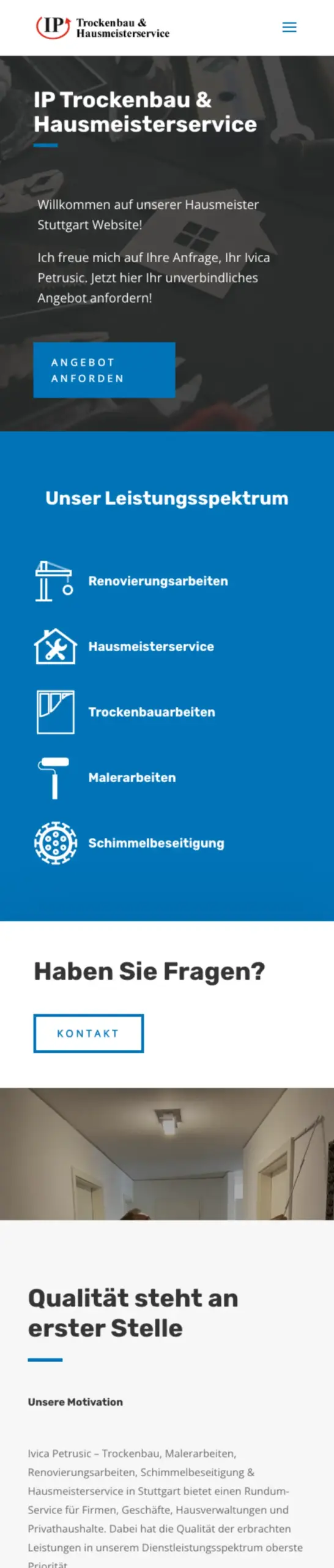 Website von IP Trockenbau & Hausmeisterservice, Stuttgart in der Mobilansicht