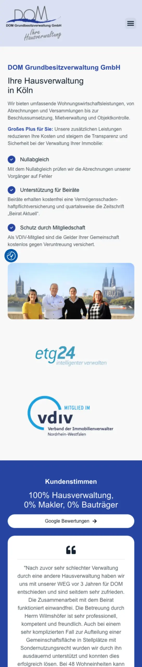 Website von DOM Grundbesitzverwaltung GmbH, Köln in der Mobilansicht