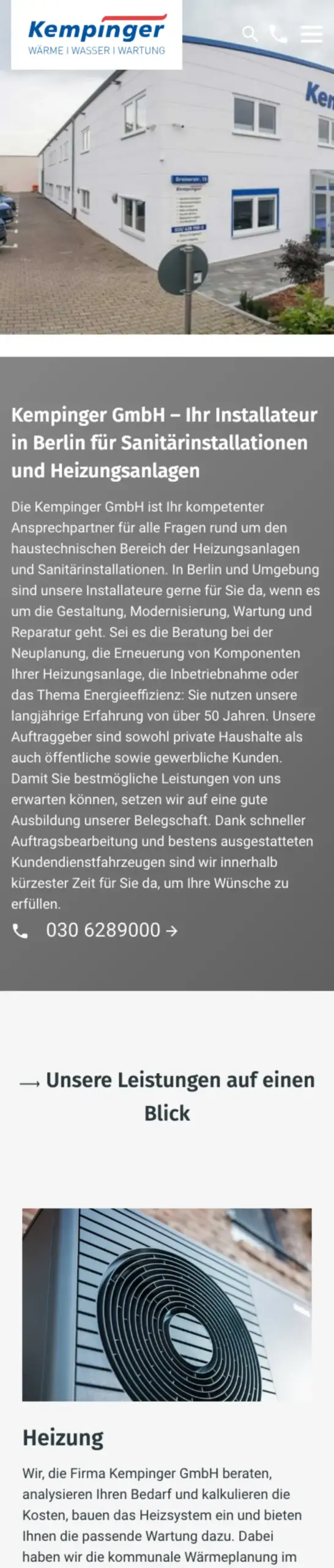 Website von Kempinger, Berlin in der Mobilansicht