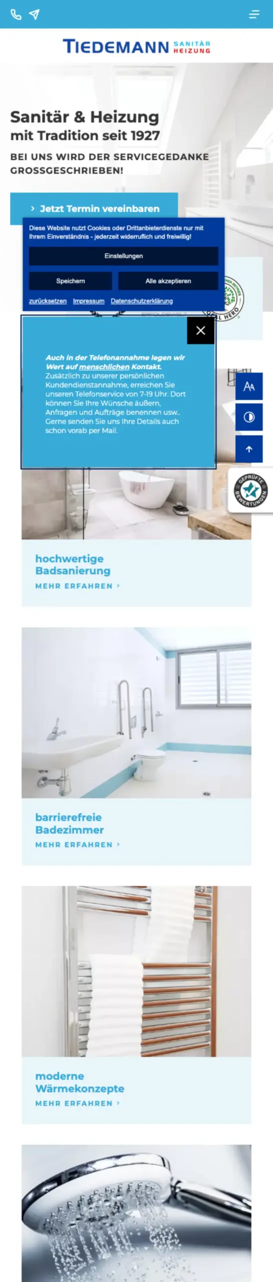 Website von Sanitär Heizung Tiedemann, Dortmund in der Mobilansicht