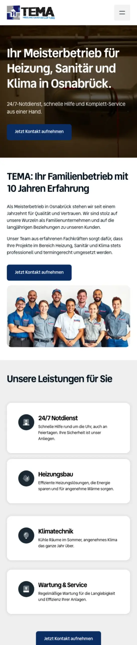 Website von Tema-Heizung-Sanitär-Klima GmbH, Osnabrück in der Mobilansicht