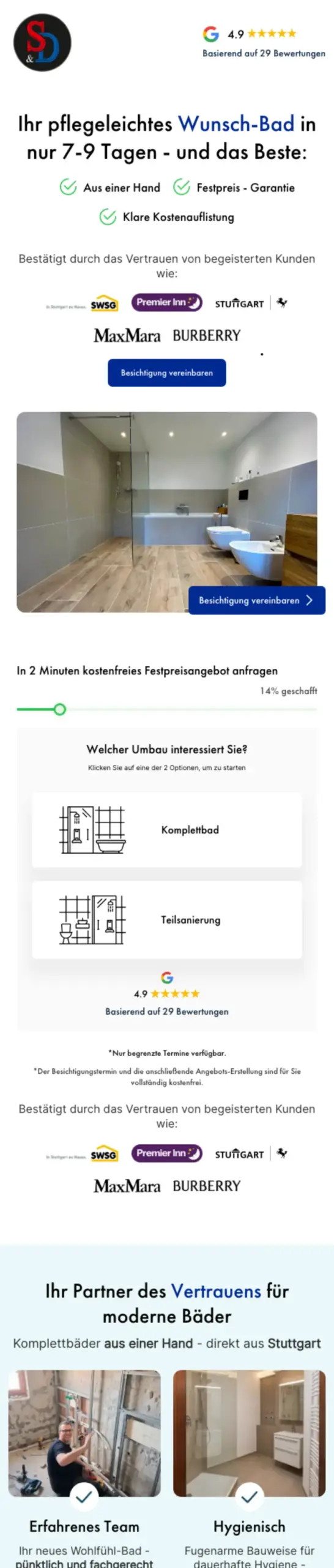 Website von S&D Heizung und Sanitär, Stuttgart in der Mobilansicht